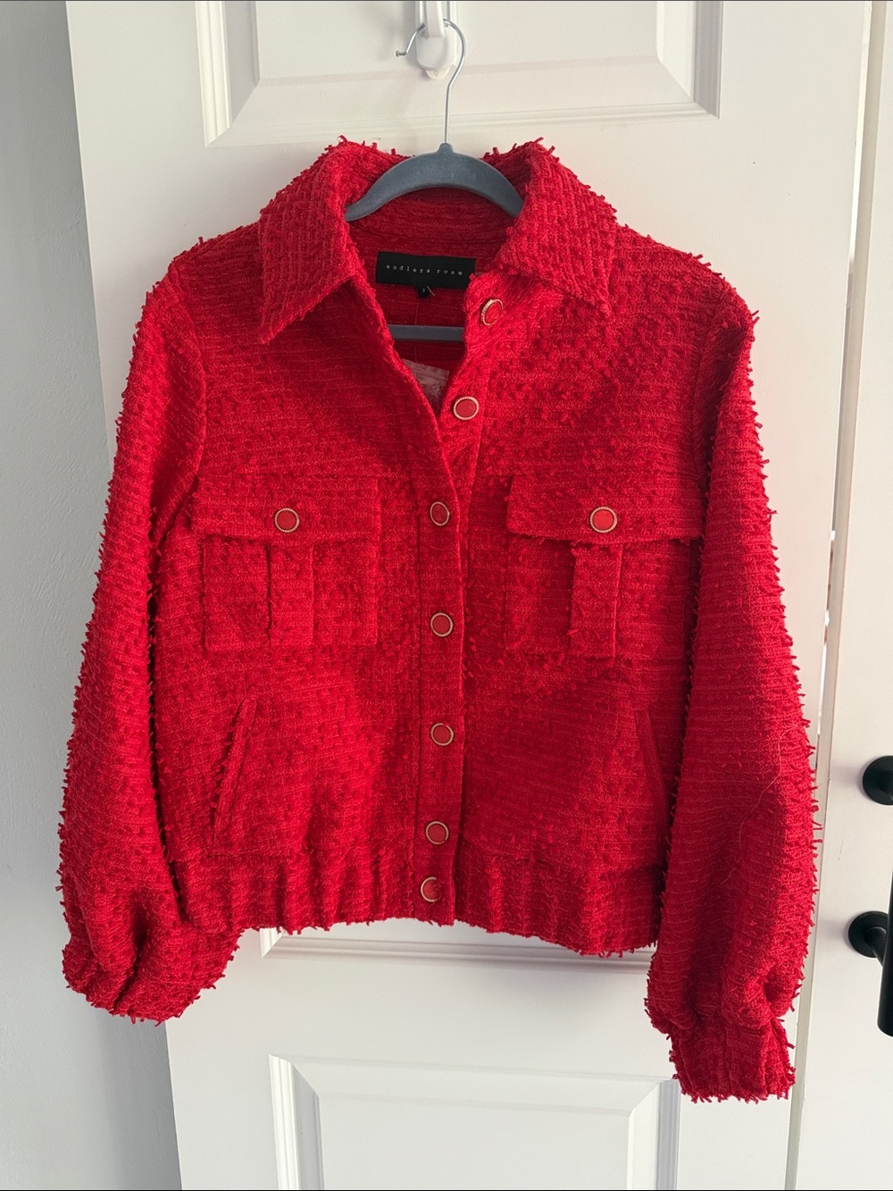 Women's Red Textured Button-Front Jacket - Picture 2 of 8